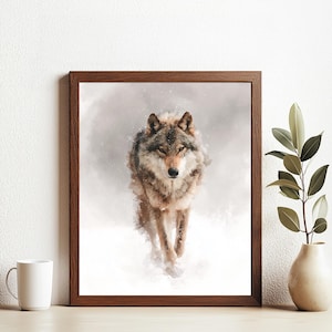Arte de pared imprimible de lobo solitario en la nieve | Póster de animales invernales en acuarela / Decoración de naturaleza salvaje / Descarga digital minimalista de vida silvestre