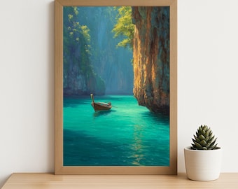 Krabi Thailand Wall Art: Tropical Longtail Boat Oil Painting Print, Coastal Ocean Landscape Decor for Travel Lovers (Digital Download)
