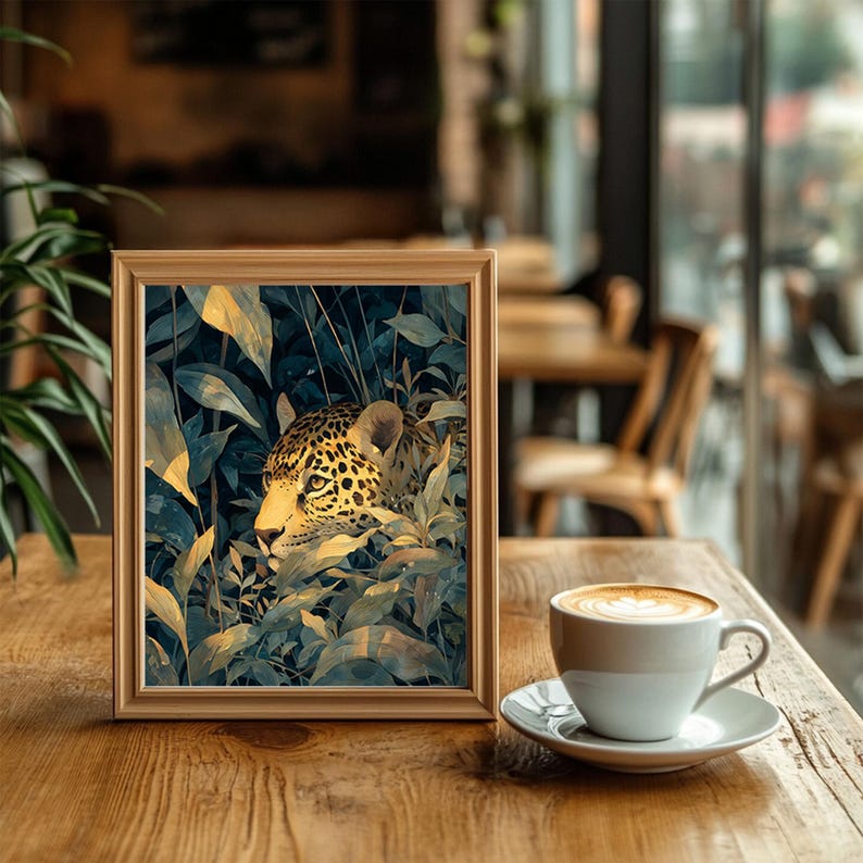 May include: A framed art print featuring a jaguar amidst lush foliage. The artwork showcases a jaguar's face with a spotted coat, surrounded by green and gold leaves. The frame is a light brown color.