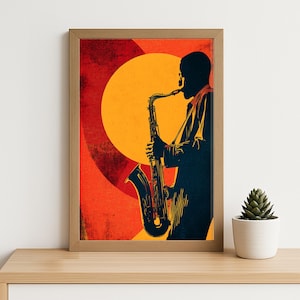 Jazz Saxophone Wall Art – Retro Musician Silhouette Printable Poster, Vintage Jazz Music Decor, Bold Saxophone Art for Studio or Home