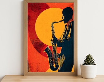 Jazz Saxophone Wall Art – Retro Musician Silhouette Printable Poster, Vintage Jazz Music Decor, Bold Saxophone Art for Studio or Home