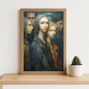 Puede incluir: Una impresión artística enmarcada que presenta una pintura estilizada de varias personas en primer plano. Los sujetos tienen la piel pálida y visten tonos apagados de azul, naranja y marrón. La obra de arte se muestra en un marco de madera marrón claro.