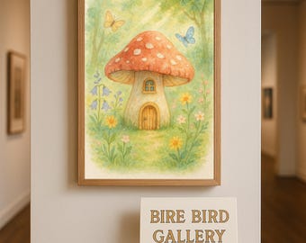 Whimsical Mushroom House Watercolor Print - Fairy Tale Cottagecore Art, Toadstool Home with Butterflies, Woodland Nursery Vall Decor