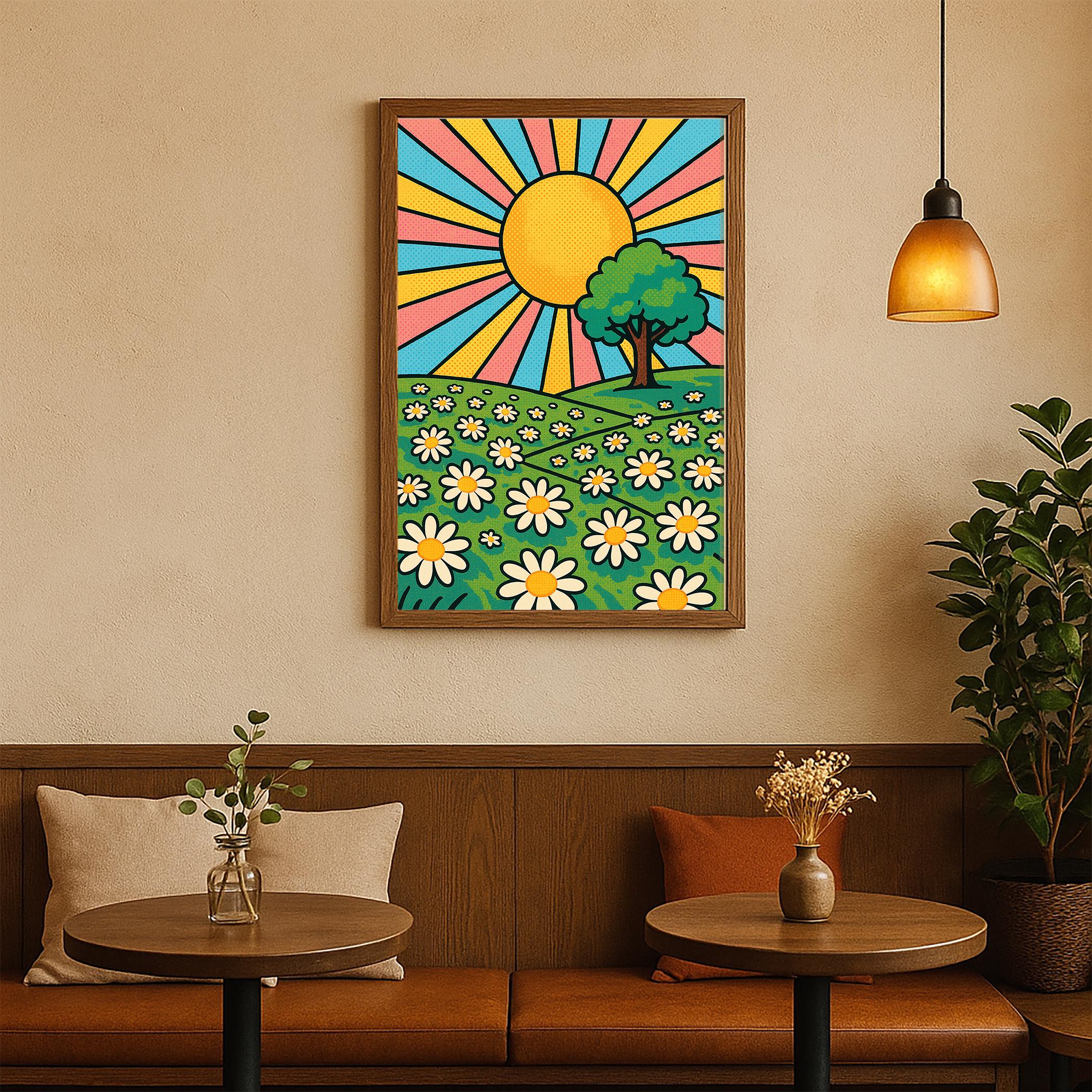 Retro Sunshine Daisy Field Wall Art – Groovy Pop Art Landscape