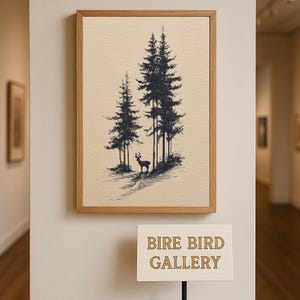 May include: A framed art print featuring a black and white illustration of pine trees and a deer. The artwork is displayed in a gallery setting. The frame is made of light-colored wood. The sign below reads "BIRE BIRD GALLERY."