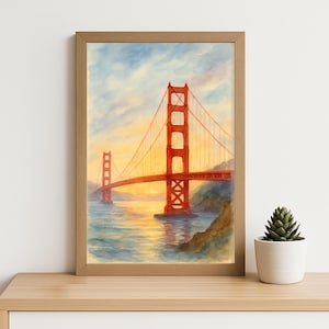 Golden Gate Bridge Watercolor Print - San Francisco Sunset Art, Soft Coastal Landscape Wall Decor, California Travel Illustration