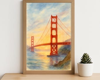 ゴールデンゲートブリッジの絵画、サンフランシスコ湾の水彩画