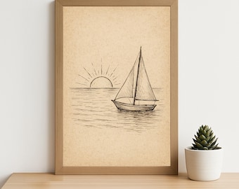 Vintage Sailboat Sunset Line Art Print – Nautical Ink Drawing Digital Wall Art for Beach House, Ocean Lover or Coastal Decor
