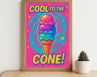 Puede incluir: Un póster enmarcado con un diseño de cono de helado colorido y el texto "COOL TO THE CONE!". El helado es multicolor, sobre un fondo rosa con un remolino azul y estrellas. Una obra de arte divertida y veraniega.