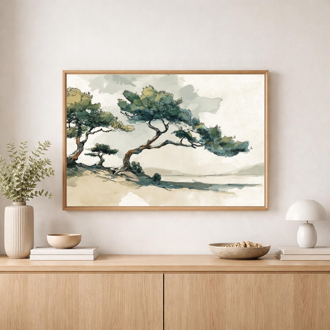Zen Pine Tree Landscape Wall Art: Japanese Ink Style Nature ...