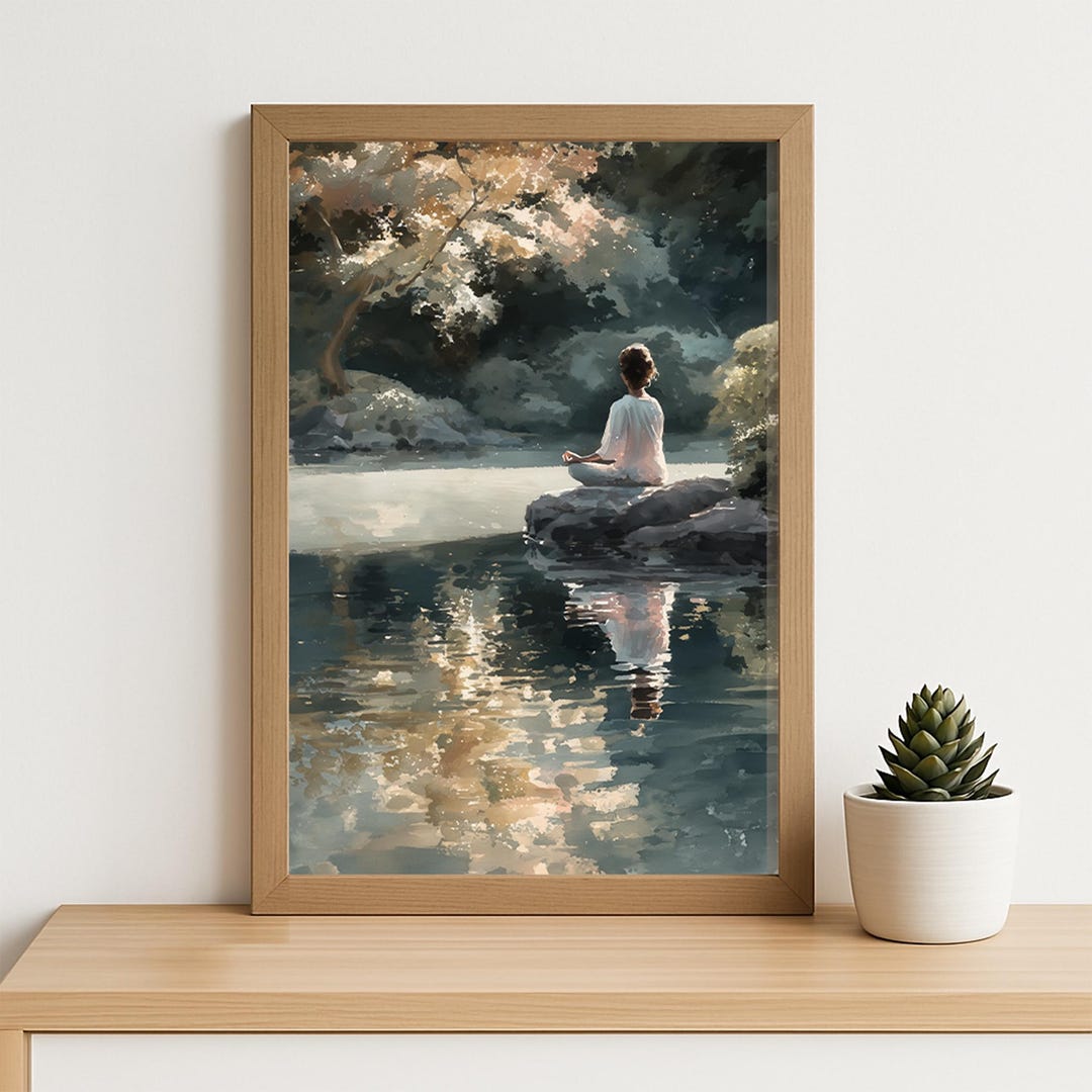 Lake Meditation Watercolor Wall Art – Serene Zen Landscape Print for ...