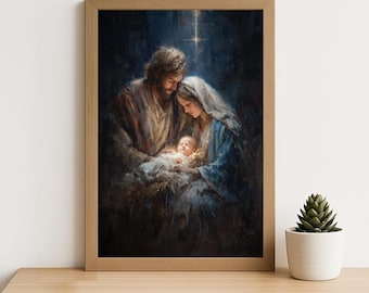 Nativity Scene Wall Art: Holy Family Jesus Birth Oil Painting Christian Christmas Spiritual Decor (Digital Download)