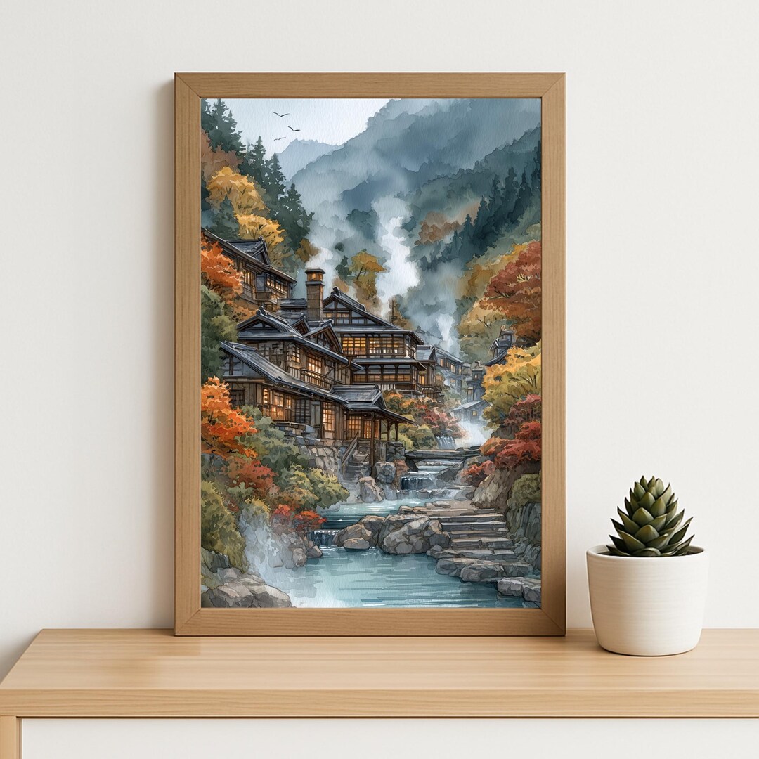 Japanese Onsen Town Wall Art – Autumn Mountain Hot Spring Landscape ...