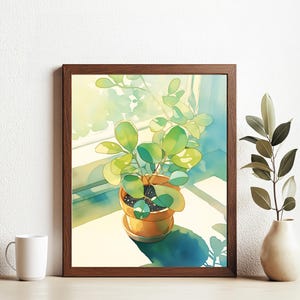 May include: A watercolor painting of a potted plant with green leaves in a terracotta pot, sitting on a windowsill with sunlight streaming in. The plant is in focus, while the background is blurred.