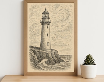 Vintage Lighthouse Line Drawing Print – Coastal Nautical Wall Art Digital Download for Ocean Home, Beach Decor or Maritime Gallery Wall