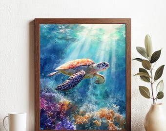 Sea Turtle Swimming in Coral Reef, Ocean Wildlife Wall Art, Underwater Marine Animal Print, Tropical Sea Life Illustration