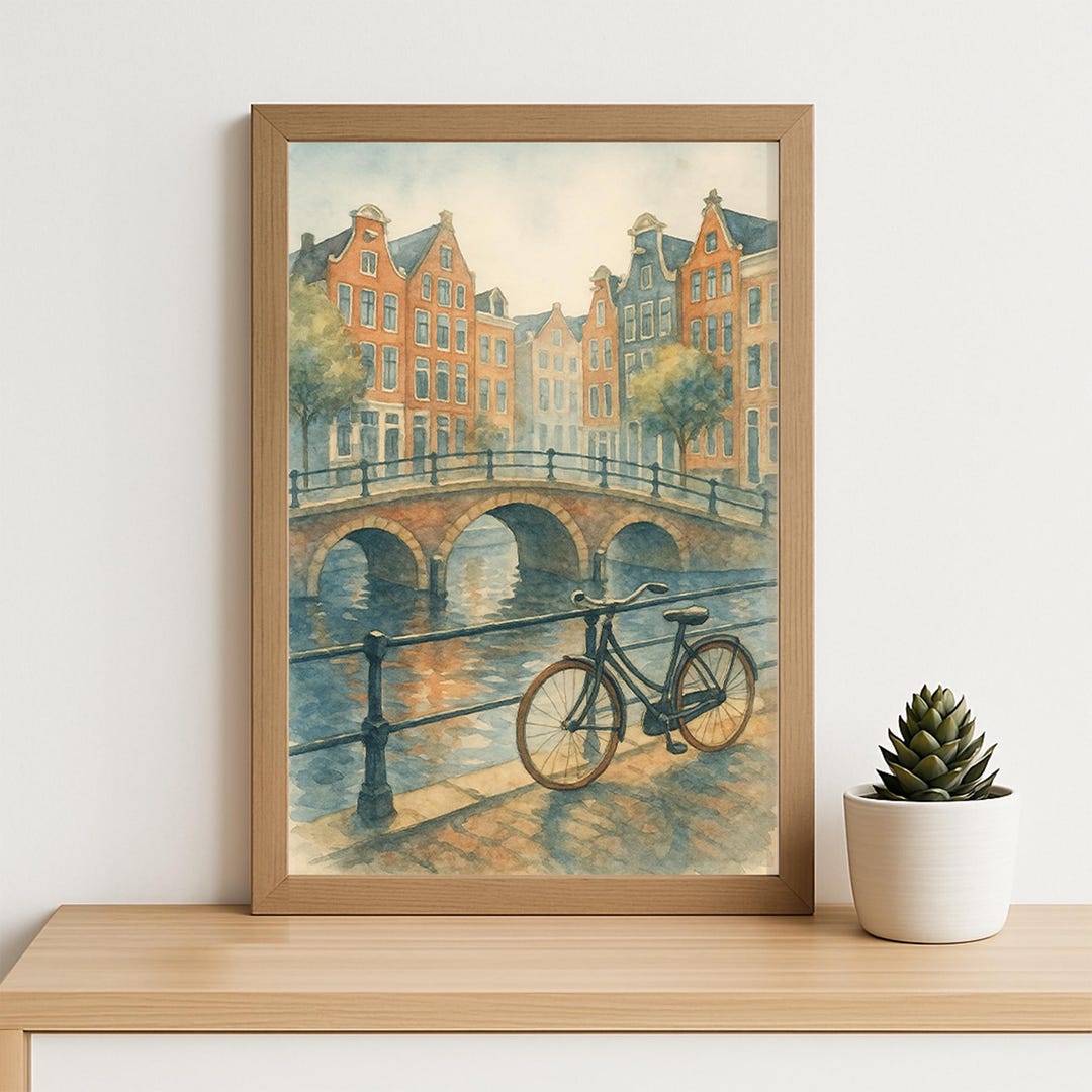 Amsterdam Canal Bike Watercolor Print - Dutch Cityscape Wall Art ...