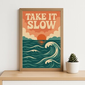 Póster retro "Tómalo con calma" / Arte mural costero con atardecer de los años 70 / Cita imprimible de relajación