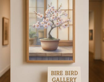Sakura Bonsai Wall Art - Japanese Room Window Scene Watercolor Illustration, Zen Nature Poster for Calm Home Decor or Meditation Space