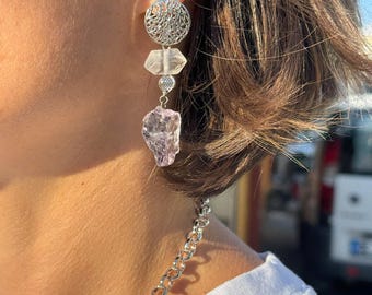 Raw Amethyst Crystal Earrings, Rhodium-Plated Silver, Boho Statement Jewelry, Gift For Her