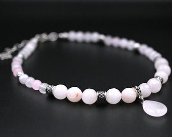 Rose Quartz Necklace with Teardrop Pendant, Antique Silver Finish