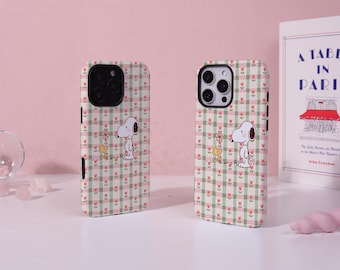 Snoopy Tulip Check iPhone Case,Two-in-One iPhone Protective Case iPhone 17/16/15/14/13/12 Basic/Pro/Mini/Pro Max,Magsafe Case For iPhone