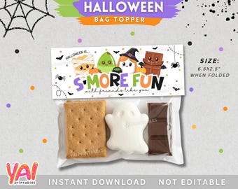 Smore Treats Bag Topper, Printable Happy Halloween Bag Tag, Halloween S'mores Treat Bag Topper, 6.5x2.5"
