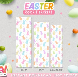 Puede incluir: Soportes para galletas de Pascua imprimibles con un patrón de conejito pastel. Los soportes están disponibles en tres tamaños: 3x10 pulgadas, 3x9 pulgadas y 2,375x8,375 pulgadas.