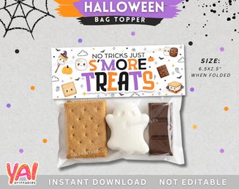 Smore Treats Bag Topper, Printable Happy Halloween Bag Tag, Halloween S'mores Treat Bag Topper,  NO tricks just s'more treats, 6.5x2.5"
