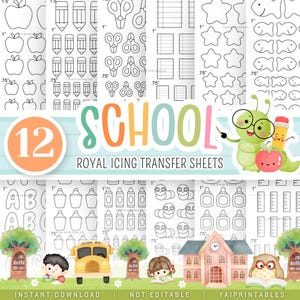 Feuilles de transfert, glaçage royal, feuilles de transfert pour la rentrée scolaire, lot de 12 feuilles de transfert