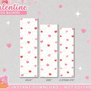 Puede incluir: Tres diseños de respaldos de cajas para el Día de San Valentín. Los diseños rectangulares presentan un fondo blanco con corazones rosas y rojos y puntos dorados. Los tamaños son 7,6x25,4 cm, 7,6x22,9 cm y 6x21,2 cm. El texto dice "Valentine Box Backers".