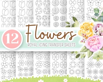 Flowers Royal Icing Transfer Sheets, Flowers RI Transfer Sheets, Printable Transfer Sheets, Transfer Sheet Bundle Set of 12