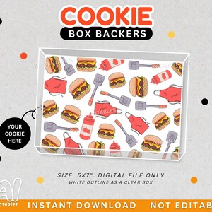 May include: A digital file for cookie box backers featuring a repeating pattern of cheeseburgers, red aprons, spatulas, and ketchup bottles. The design includes a white outline of a clear box and text reading COOKIE BOX BACKERS, SIZE: 5X7".