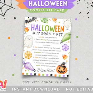 May include: A Halloween DIY cookie kit card with a purple and orange banner at the top. The card features illustrations of Halloween-themed treats and instructions. The text on the card reads "Halloween DIY Cookie Kit" and "Have Fun!"
