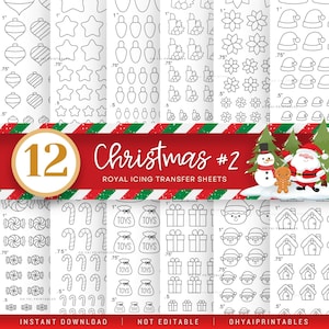 May include: A collection of 12 Christmas-themed royal icing transfer sheets. The sheets feature various holiday designs, including ornaments, stars, lights, candles, poinsettias, Santa hats, candy canes, gift bags, presents, elf faces, and houses. The text on the image reads "Christmas #2" and "Royal Icing Transfer Sheets."