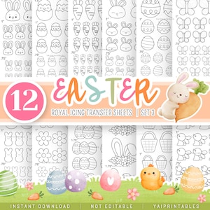 May include: A set of 12 Easter-themed royal icing transfer sheets. Designs include bunnies, eggs, carrots, flowers, and chicks. The text "EASTER" and "ROYAL ICING TRANSFER SHEETS | SET 3" are visible.