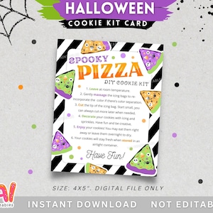 May include: A Halloween cookie kit card with a black and white striped border. The card features colorful pizza slice illustrations and instructions for decorating cookies. The text reads "Spooky Pizza DIY Cookie Kit". The card size is 10.16 x 12.7 cm.