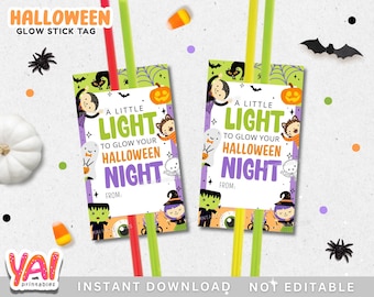 May include: Two Halloween glow stick tags with the text "A Little Light to Glow Your Halloween Night". The tags feature illustrations of pumpkins, bats, and monsters. Red, green, and yellow glow sticks are inserted.