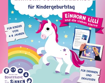 May include: A colorful poster with a white unicorn with a pink mane and tail, a rainbow, and text in German. The text includes "EINHORN SCHNITZELJAGD" and "für Kindergeburtstag". Additional text indicates the product is for children aged 4-8.