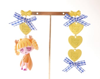 Pendientes colgantes asimétricos kawaii: lazo amarillo, cinta de cuadros vichy y cierre de plata de ley 925.