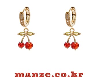 Pendientes de cereza de cristal rojo, aros dorados, pasador de plata de ley