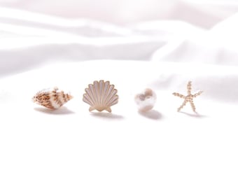 Pendientes de plata de ley con forma de mar: vieira, estrella de mar, caracol y perla (4 unidades)