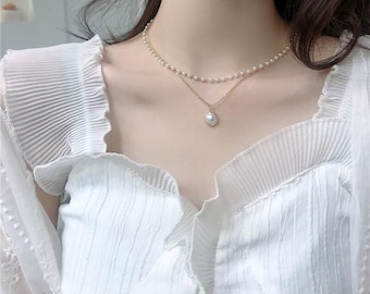 Gargantilla de perlas en capas, cadena dorada, joyería romántica hecha a mano.