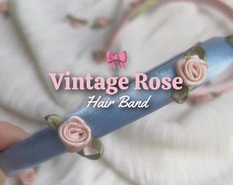 Vintage Rose Satin Headband, 3D Floral Hair Accessory, Cottagecore Style