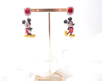 Pendientes colgantes de Mickey Mouse con diamantes de imitación rojos, joyas de Disney