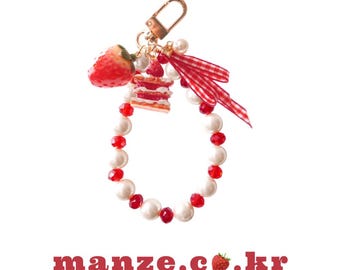 Strawberry Cake Charm Keyring, Crystal & Pearl Beaded Bag Accessory