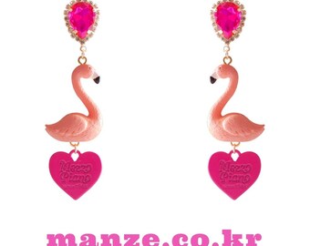 Pendientes colgantes de flamenco: dije de acrílico rosa, corazón y gema, de botón o de clip.