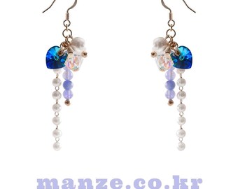 Pendientes colgantes de corazón de cristal, aguamarina, perla de Swarovski, plata de ley