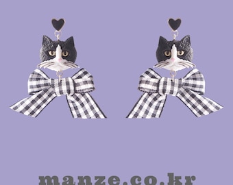 Pendientes de gato de esmoquin: joyería animal hecha a mano en blanco y negro, con pasador de titanio