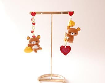 Love Bear Earrings, Cute Rilakkuma Inspired Style, Cute Love Cartoon Charm,Kawaii Gift, Heart Chain Detail, Chick and Bear